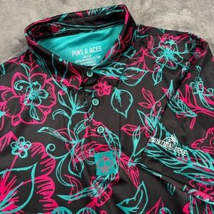 Pins & Aces Polo Shirt Mens M Black Fluorescent Floral Golf Embroidered Stretch